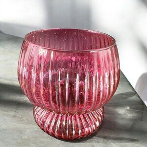 Pilgram Glass Ribbed Cranberry Vase Candle Holder Votive Vintage Glassware VTG